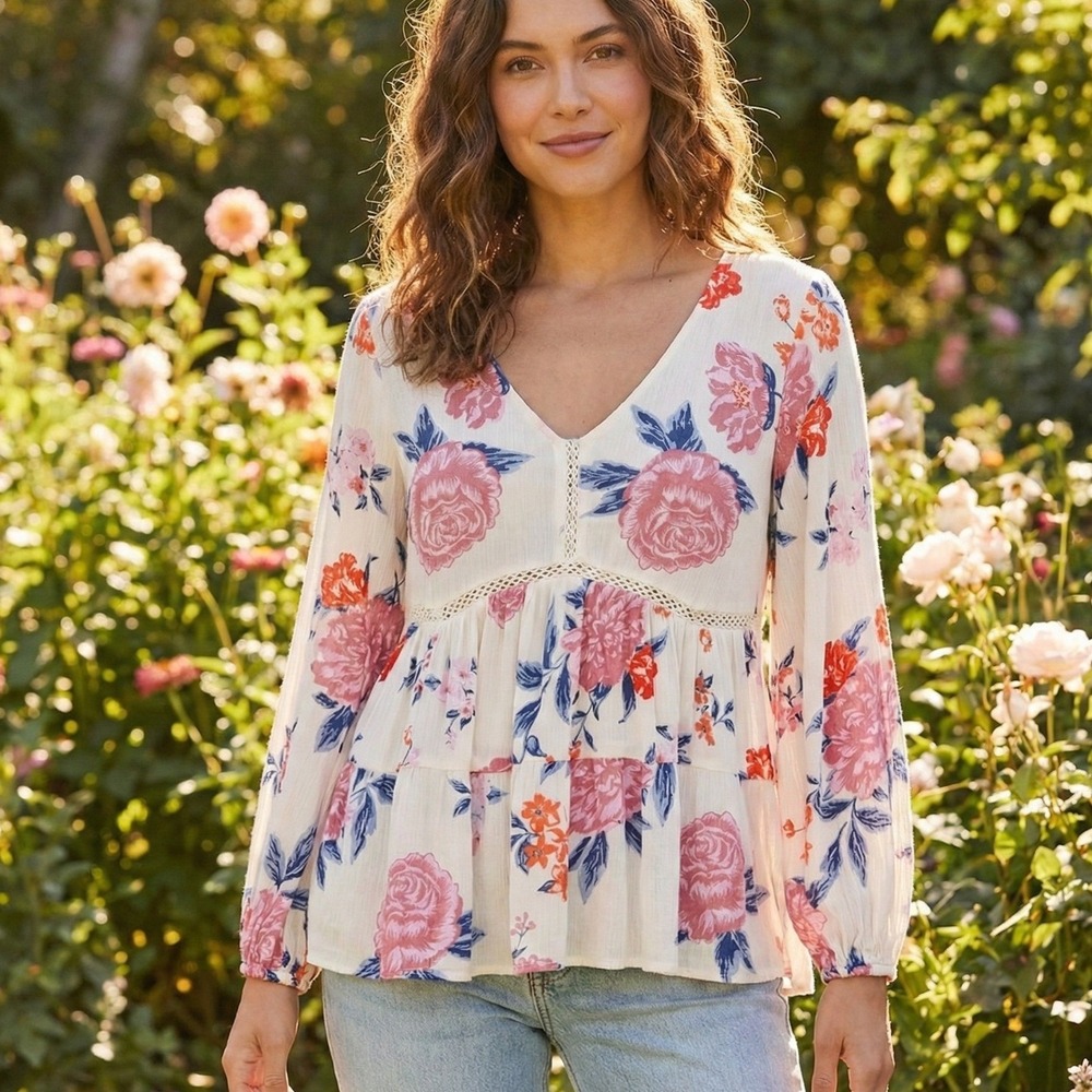 Angie Boho Floral Babydoll Top Size M Flowy Fairy Cottage‎ Peasant Gypsy Hippie